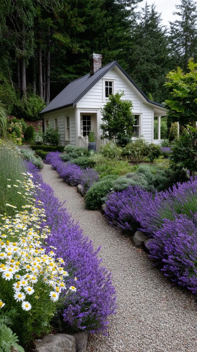 35 Dreamy Cottage Garden Ideas for Timeless Charm 74 32. Lavender-dominated path lined with chamomile edges-0