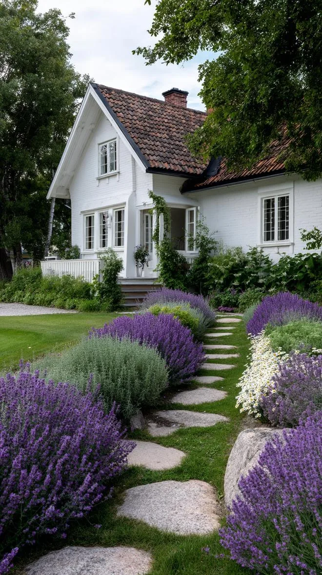 35 Dreamy Cottage Garden Ideas for Timeless Charm 75 32. Lavender-dominated path lined with chamomile edges-1