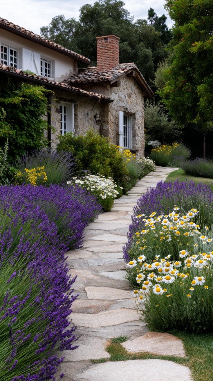35 Dreamy Cottage Garden Ideas for Timeless Charm 77 32. Lavender-dominated path lined with chamomile edges-2