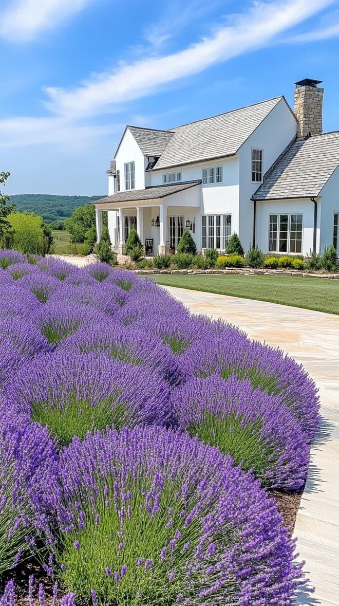27 Charming Farmhouse Landscaping Ideas for a Beautiful Rustic Yard 29 9. Lavender fields leading up to a classic farmhouse-1