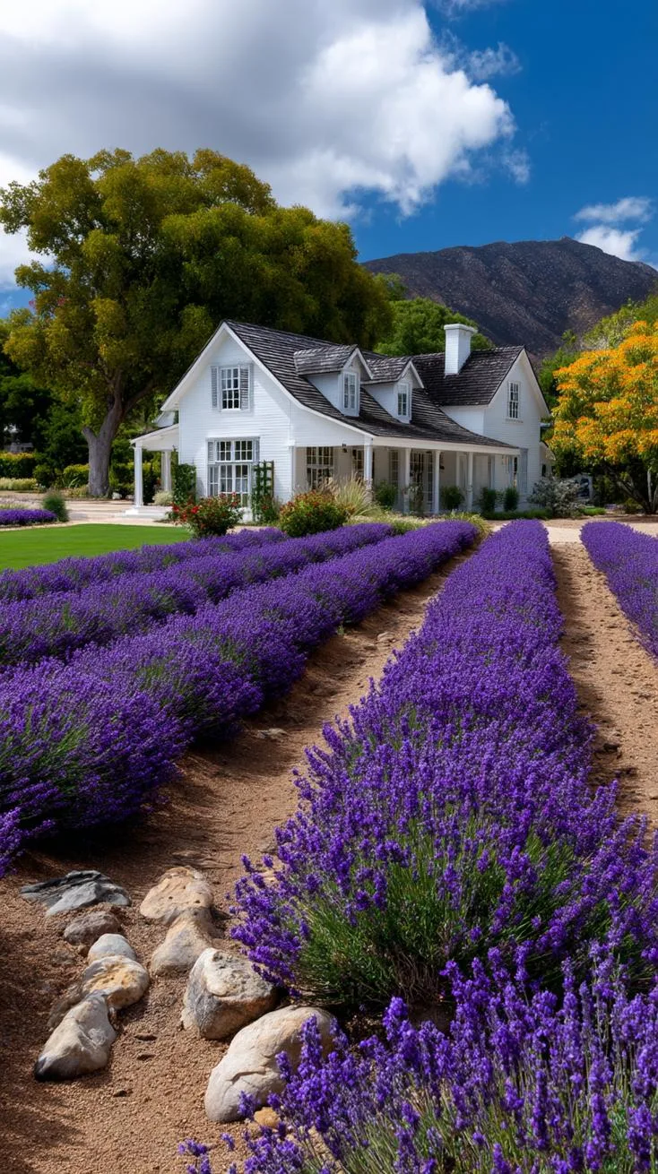 27 Charming Farmhouse Landscaping Ideas for a Beautiful Rustic Yard 29 9. Lavender fields leading up to a classic farmhouse-2
