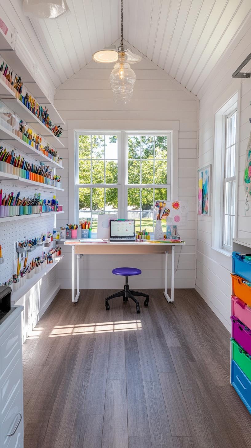 2. Light-filled crafting shed with pastel pegboard storage-0