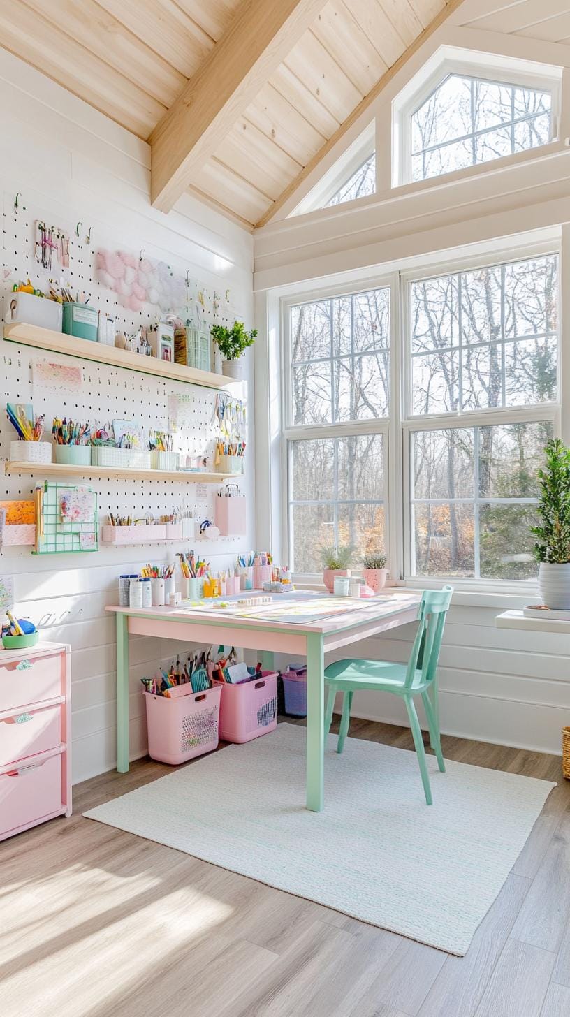2. Light-filled crafting shed with pastel pegboard storage-1