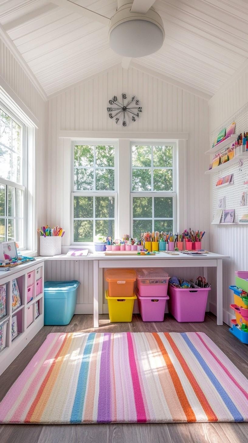 2. Light-filled crafting shed with pastel pegboard storage-2
