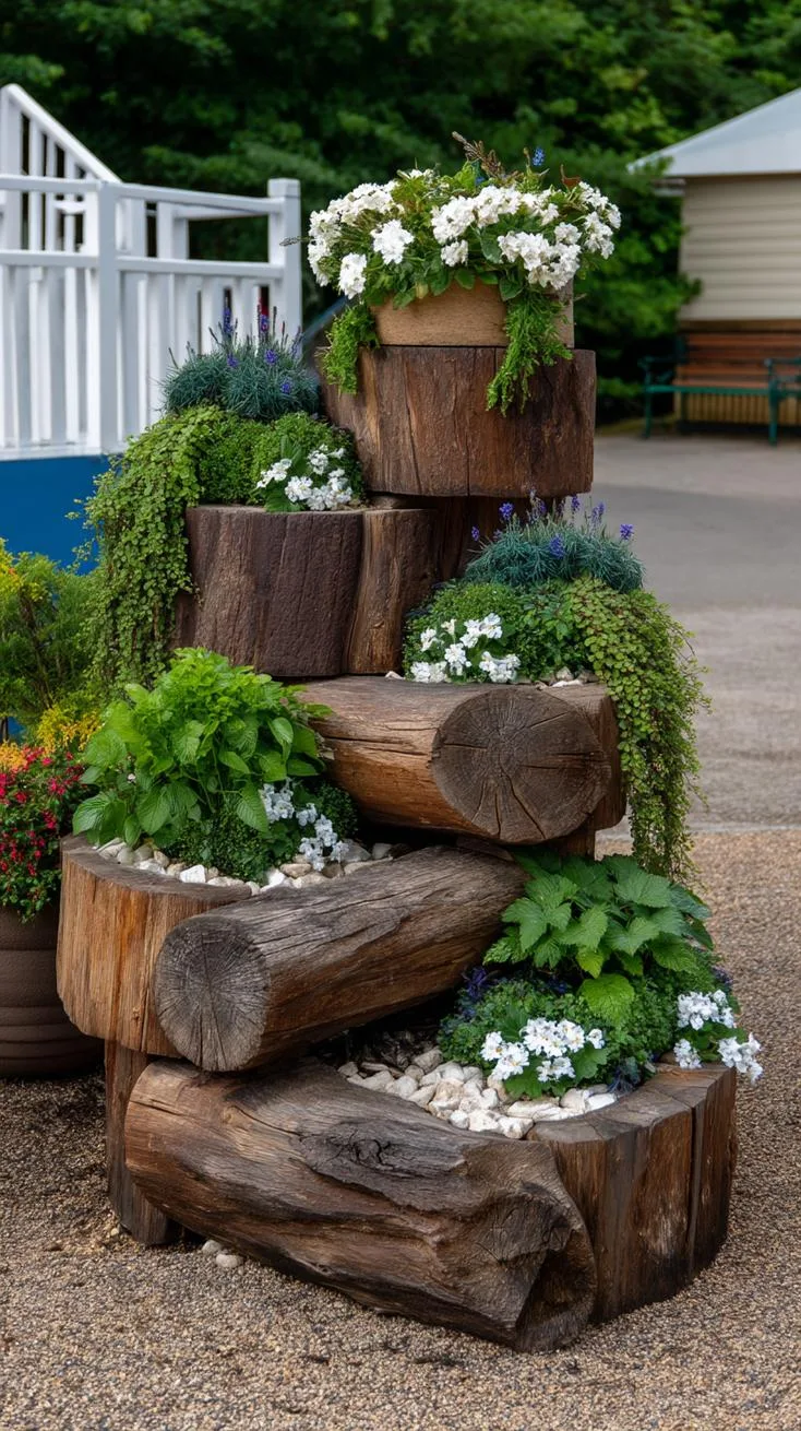 25. Log planter spiral stacked with cascading greenery-0
