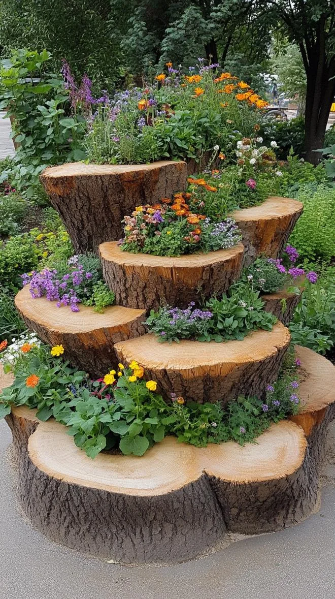 25. Log planter spiral stacked with cascading greenery-1