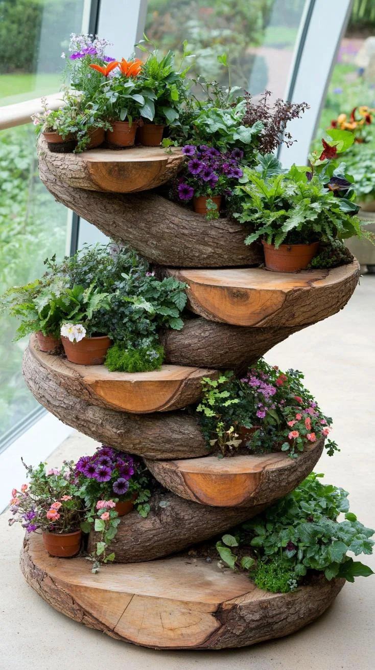 25. Log planter spiral stacked with cascading greenery-2