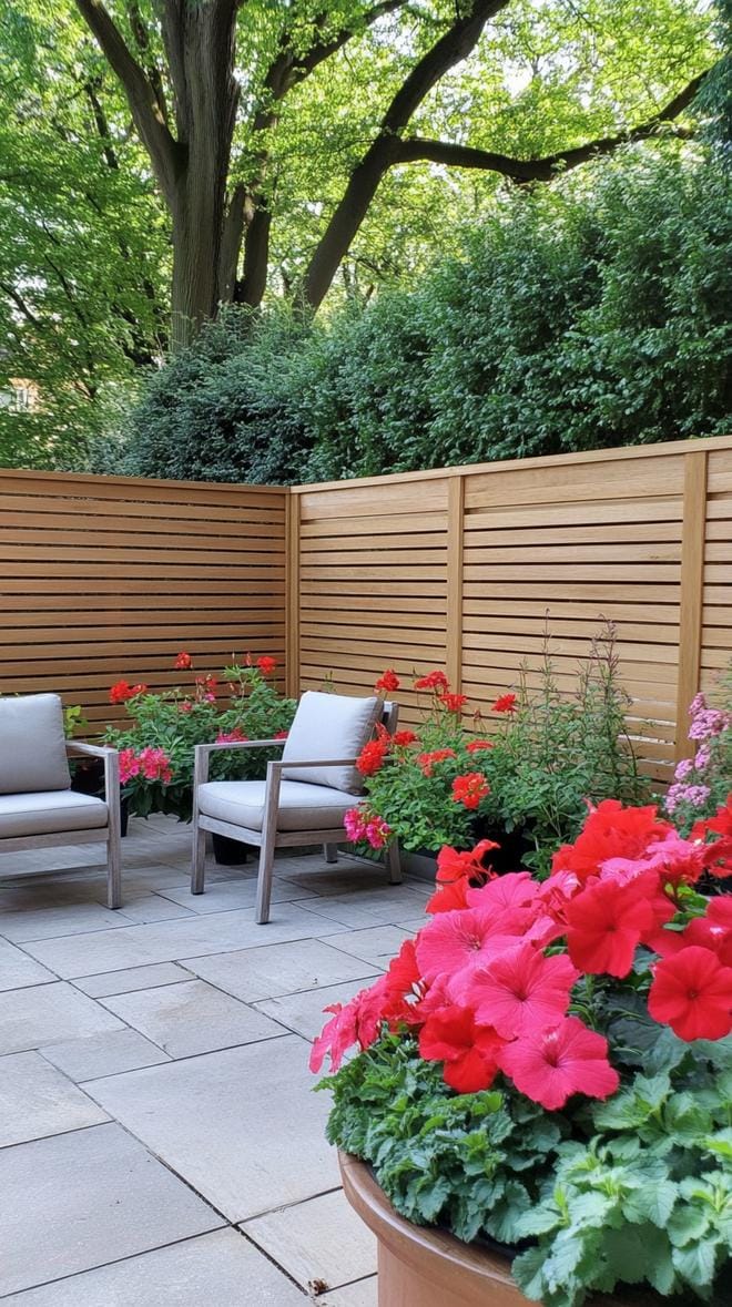 35 Unique Privacy Fence Ideas for a More Private Backyard 77 31. Low height horizontal slat fence for small patios-1