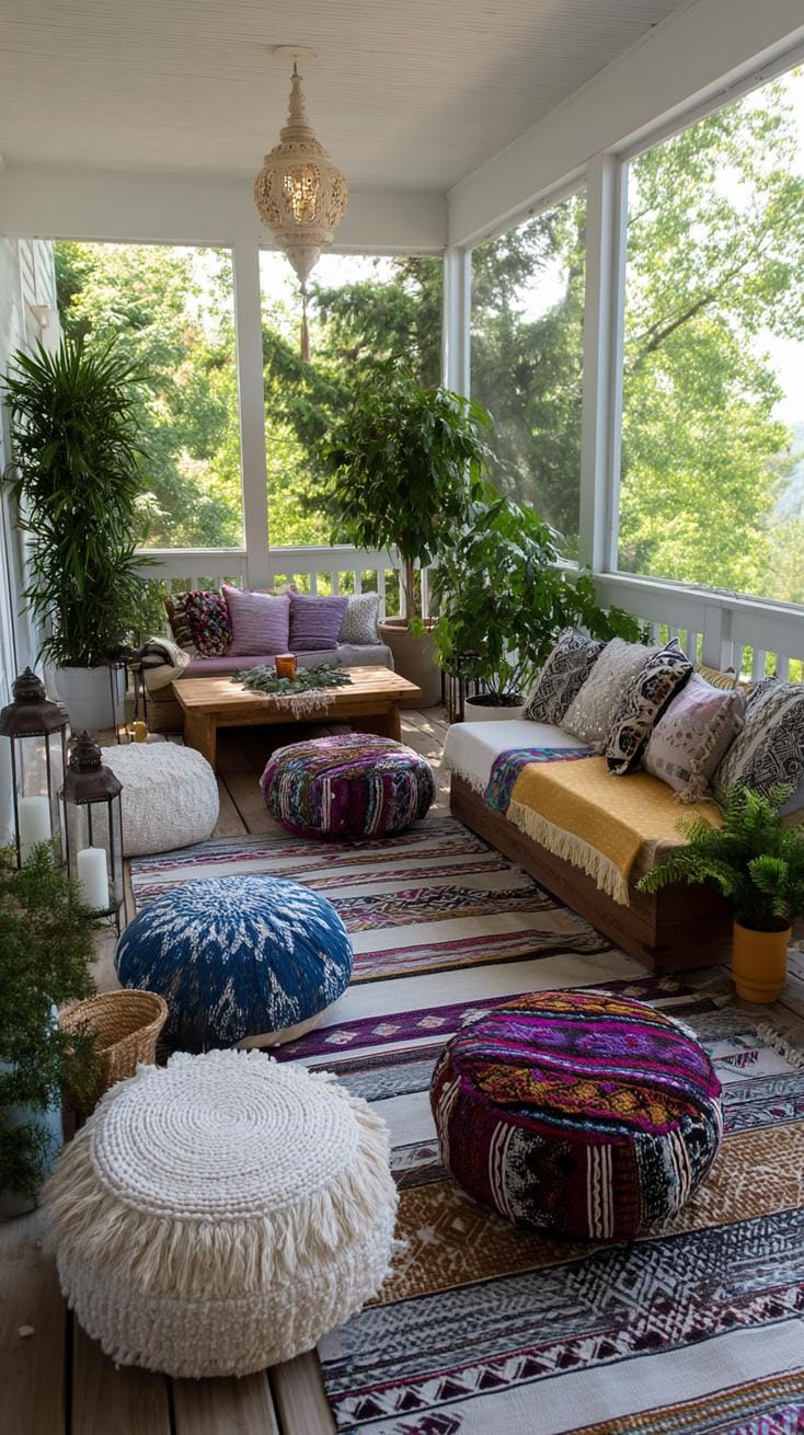 20. Lush bohemian porch filled with colorful patterns-0