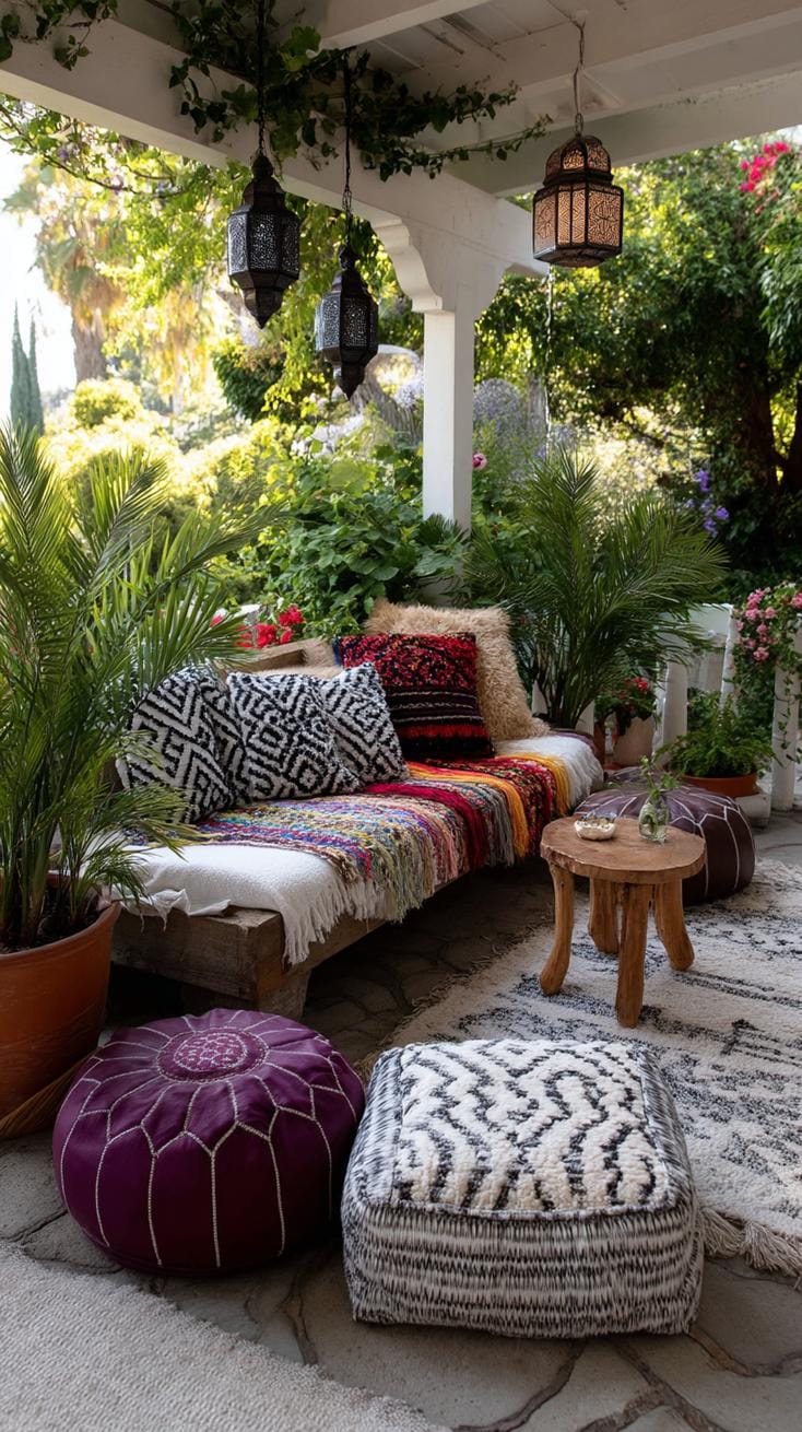 20. Lush bohemian porch filled with colorful patterns-1