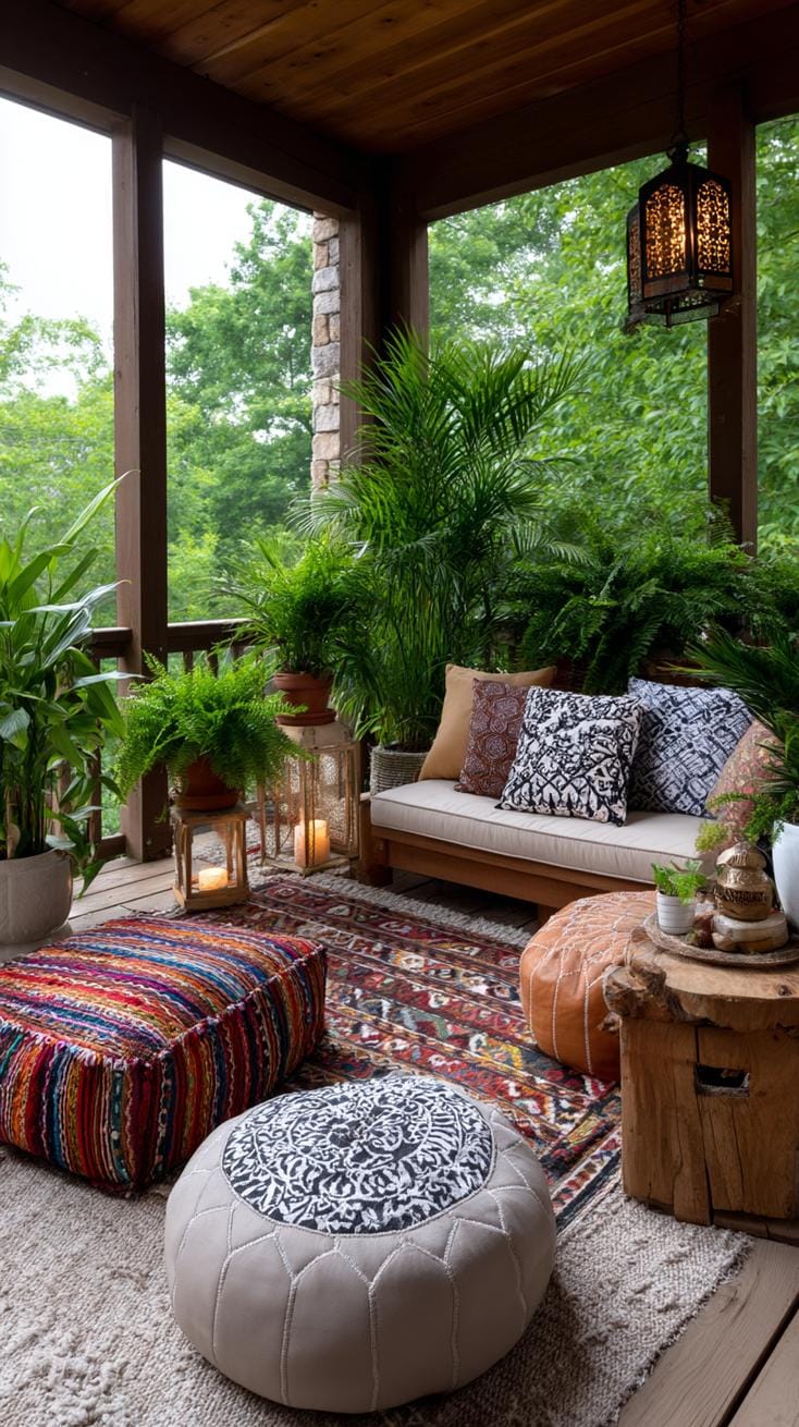 20. Lush bohemian porch filled with colorful patterns-2