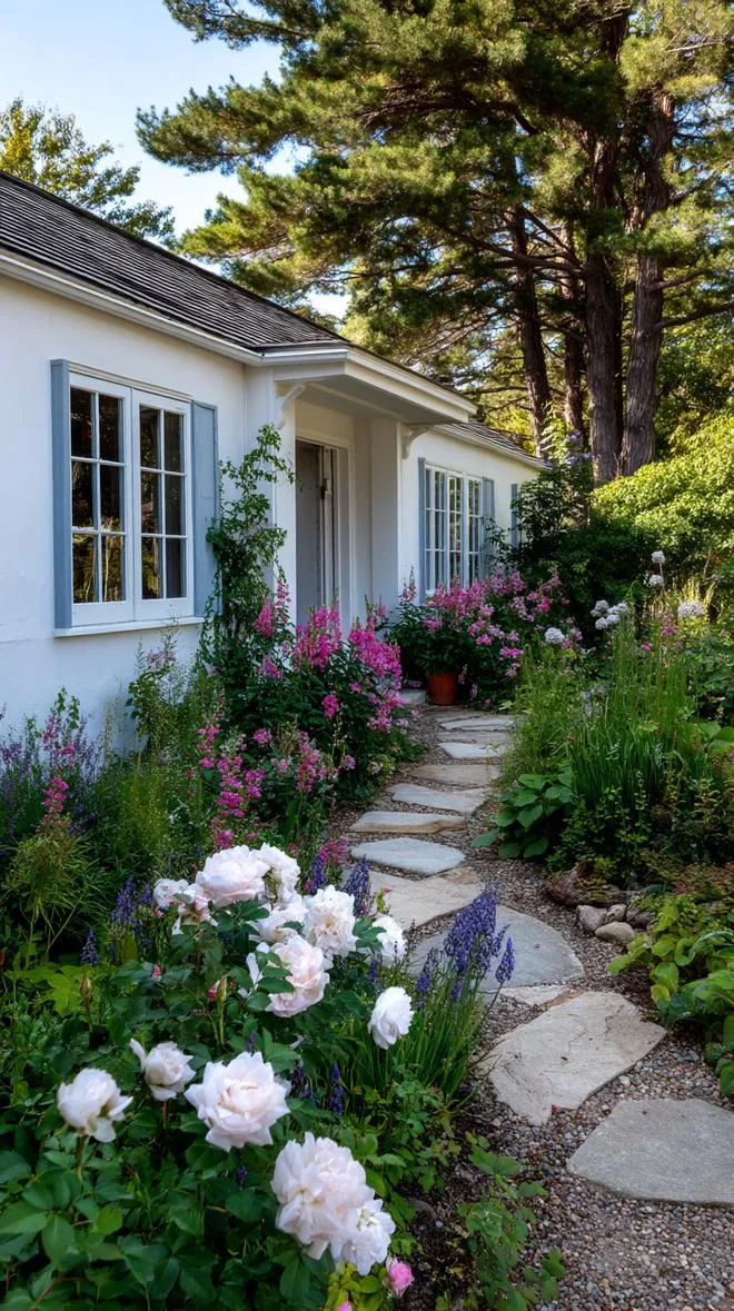 35 Dreamy Cottage Garden Ideas for Timeless Charm 29 12. Lush flower corridor between two cottage walls-0