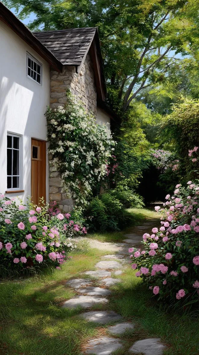 35 Dreamy Cottage Garden Ideas for Timeless Charm 30 12. Lush flower corridor between two cottage walls-1
