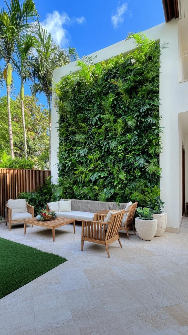 7. Lush green vertical plant wall with wood slats-1