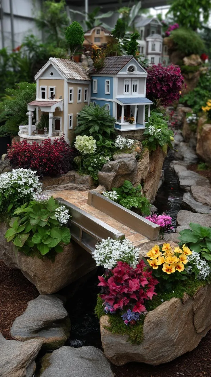 10. Miniature fairy village surrounded by bright flowers-2