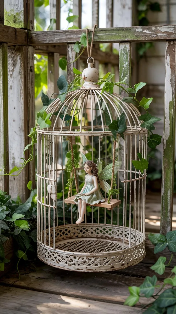 12. Miniature garden in birdcage with fairy swing-1