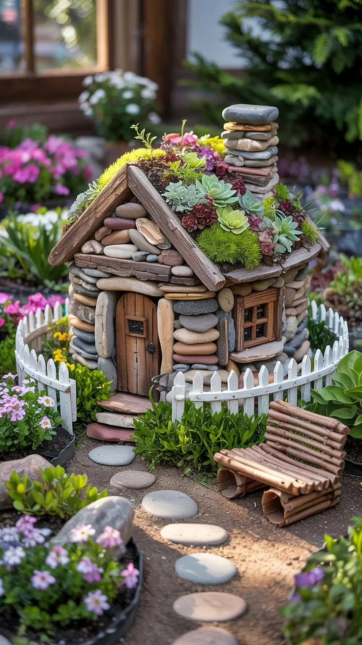 38. Miniature stone fairy house with roof garden-1
