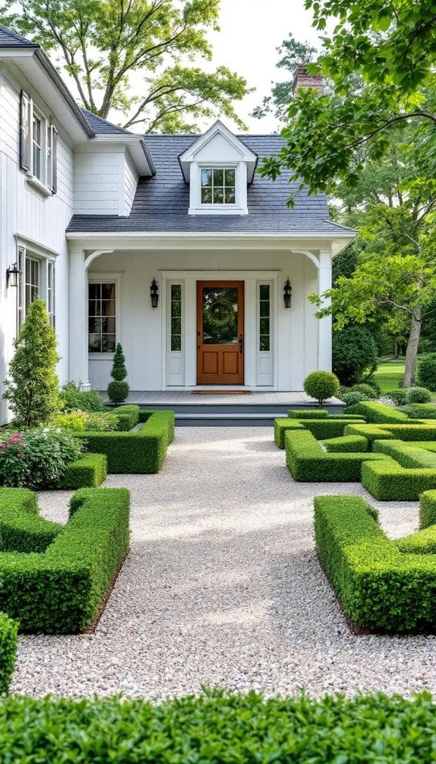 27 Charming Farmhouse Landscaping Ideas for a Beautiful Rustic Yard 44 15. Minimalist farmhouse garden with sculpted boxwoods-0