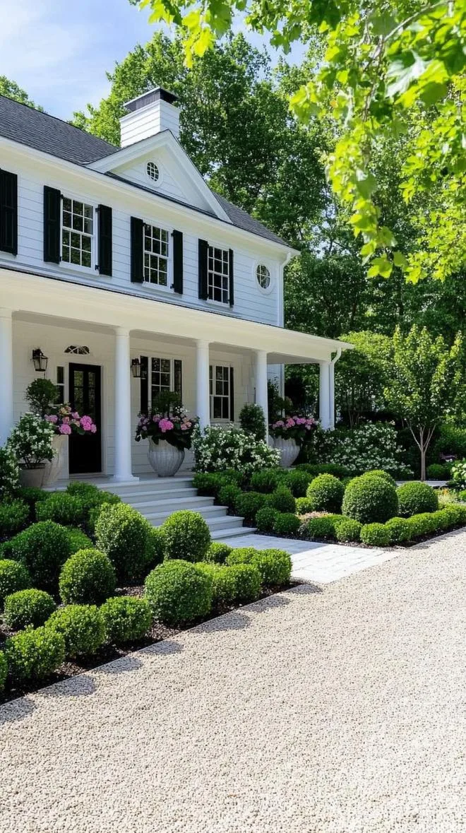 27 Charming Farmhouse Landscaping Ideas for a Beautiful Rustic Yard 44 15. Minimalist farmhouse garden with sculpted boxwoods-1