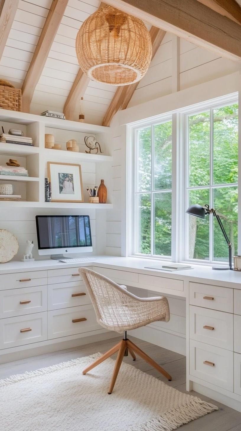6. Minimalist white shed office with built-in corner desk-2