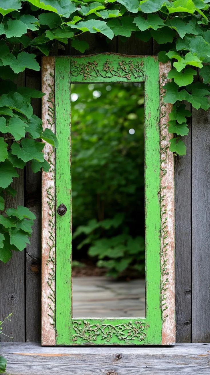 37 Whimsical Garden Ideas for a Magical Backyard 94 37. Mirror illusion door leaning on garden fence-0