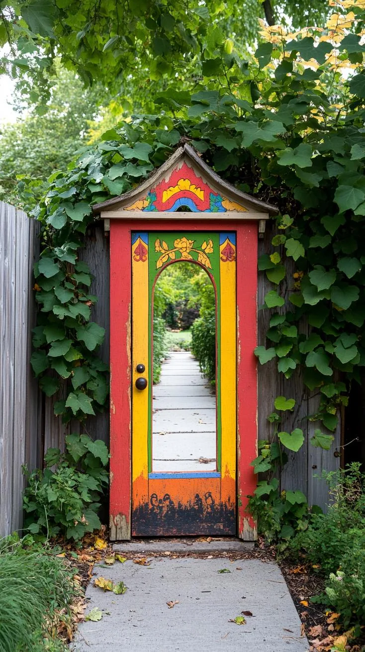 37 Whimsical Garden Ideas for a Magical Backyard 95 37. Mirror illusion door leaning on garden fence-1