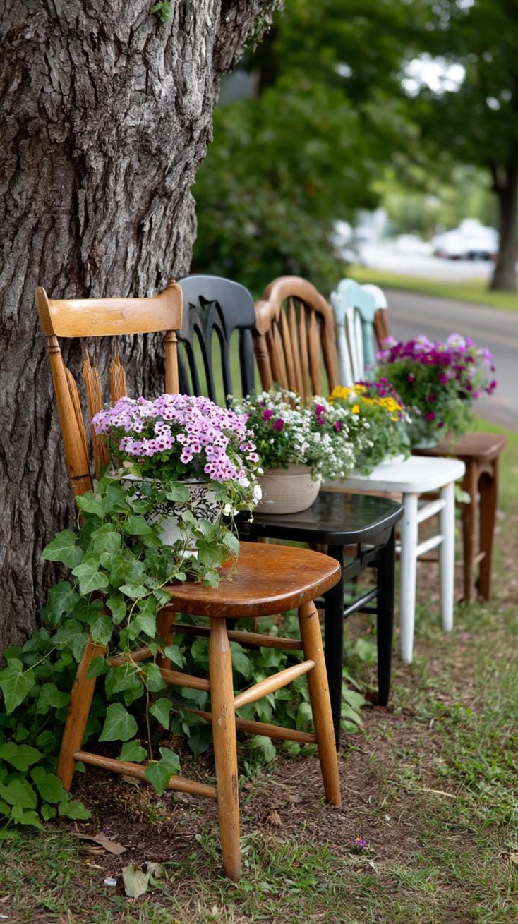 29 Vintage Garden Decor Ideas That Bring Rustic Charm Outdoors 64 15. Mismatched vintage chairs used as flower planters-0