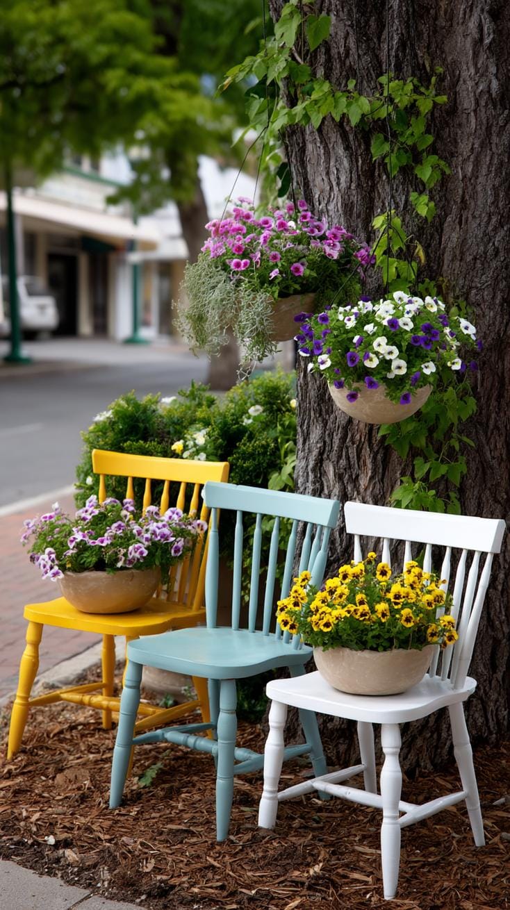 29 Vintage Garden Decor Ideas That Bring Rustic Charm Outdoors 65 15. Mismatched vintage chairs used as flower planters-1