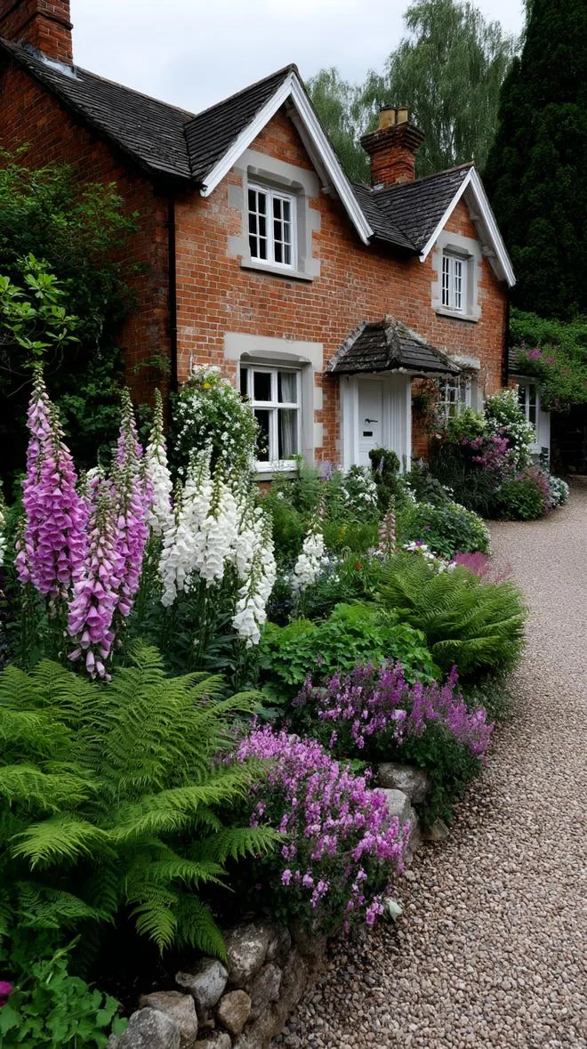 35 Dreamy Cottage Garden Ideas for Timeless Charm 21 9. Mixed herbaceous borders beside red brick cottages-0