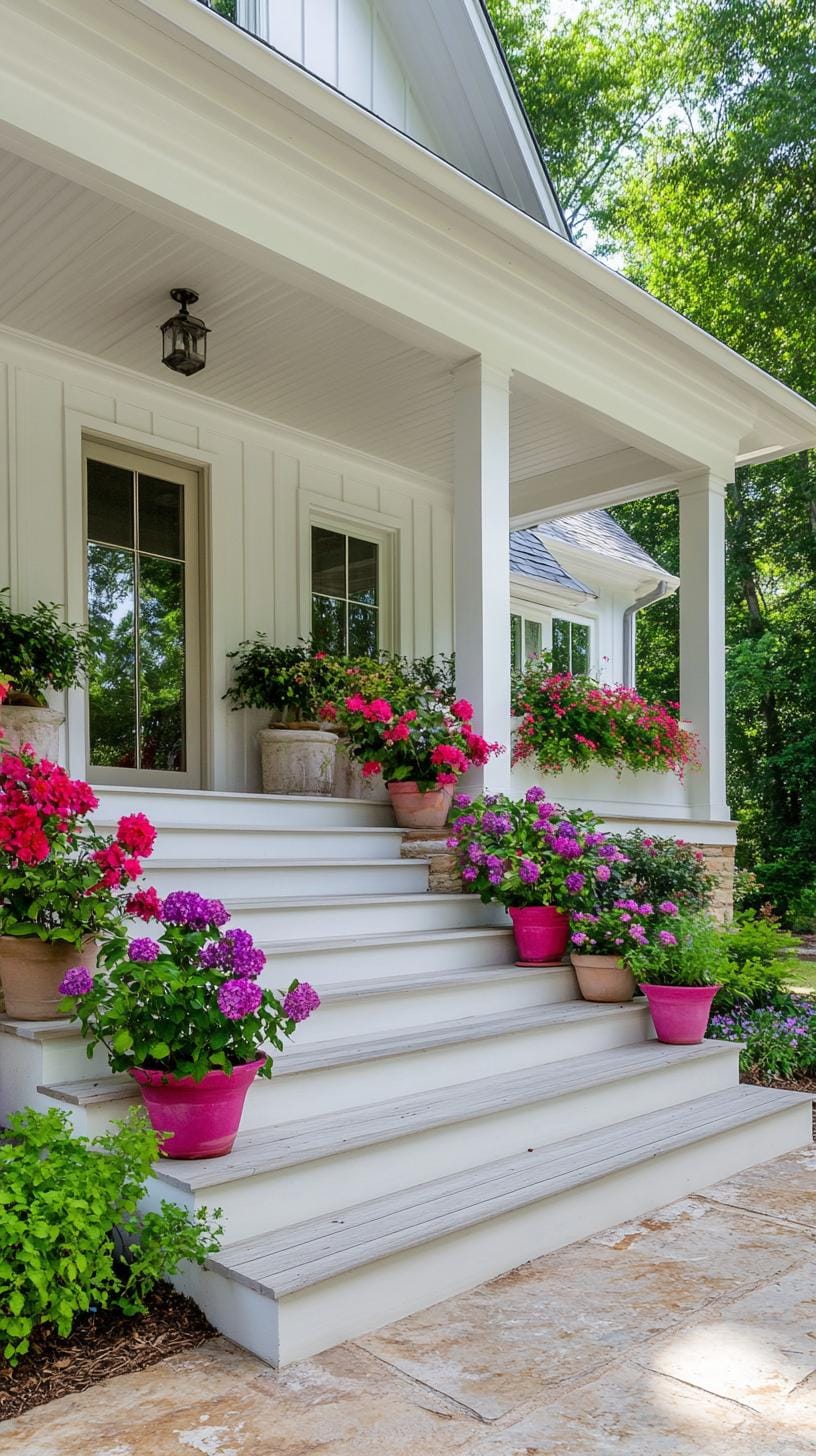 27 Charming Farmhouse Landscaping Ideas for a Beautiful Rustic Yard 40 13. Modern farmhouse porch with layered potted plants-0