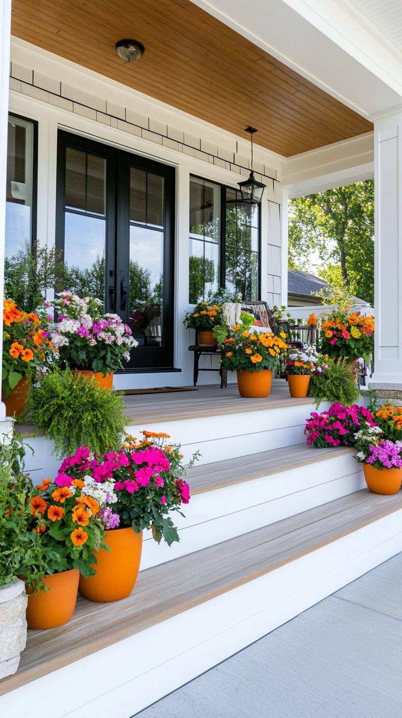 27 Charming Farmhouse Landscaping Ideas for a Beautiful Rustic Yard 41 13. Modern farmhouse porch with layered potted plants-1