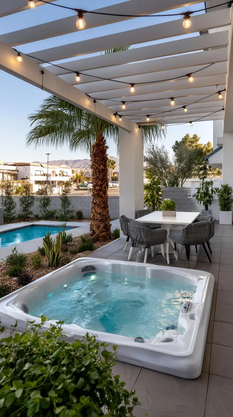 31 Best Hot Tub Ideas for the Ultimate Backyard Escape 26 5. Modern pergola-covered hot tub with string lights-0