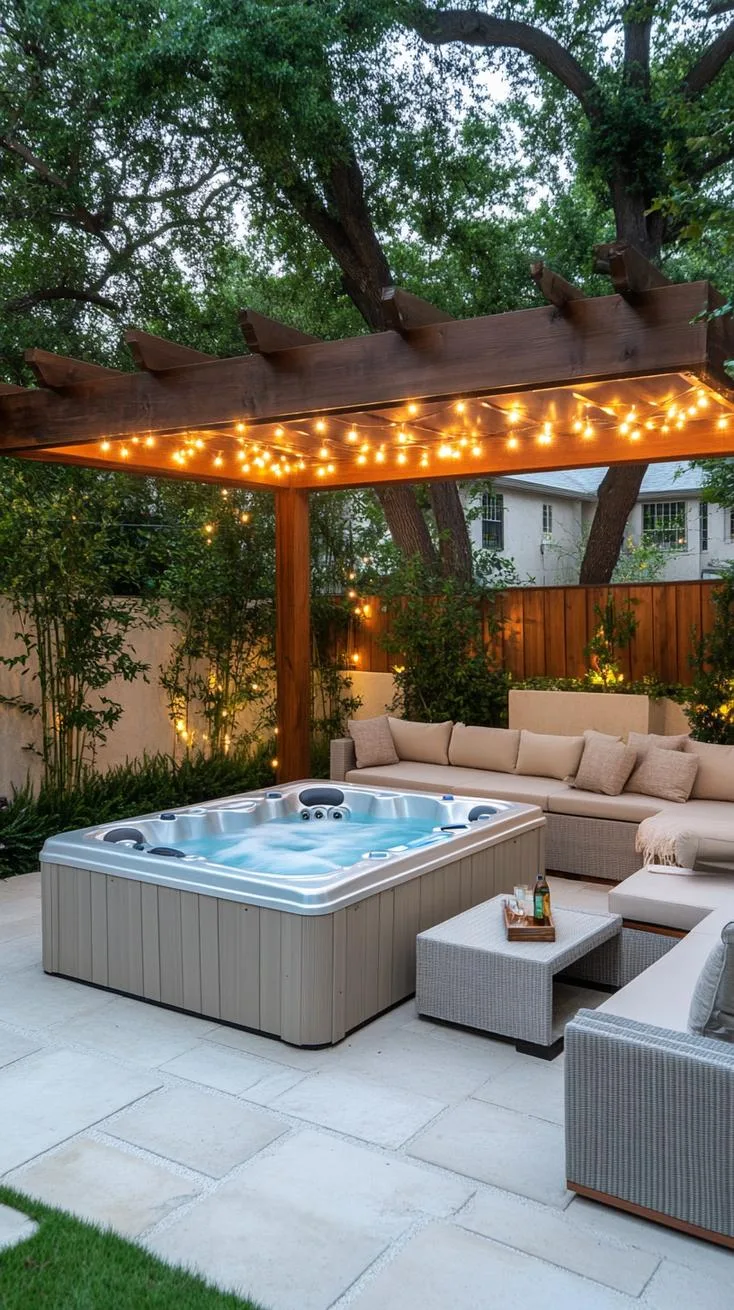 31 Best Hot Tub Ideas for the Ultimate Backyard Escape 27 5. Modern pergola-covered hot tub with string lights-1
