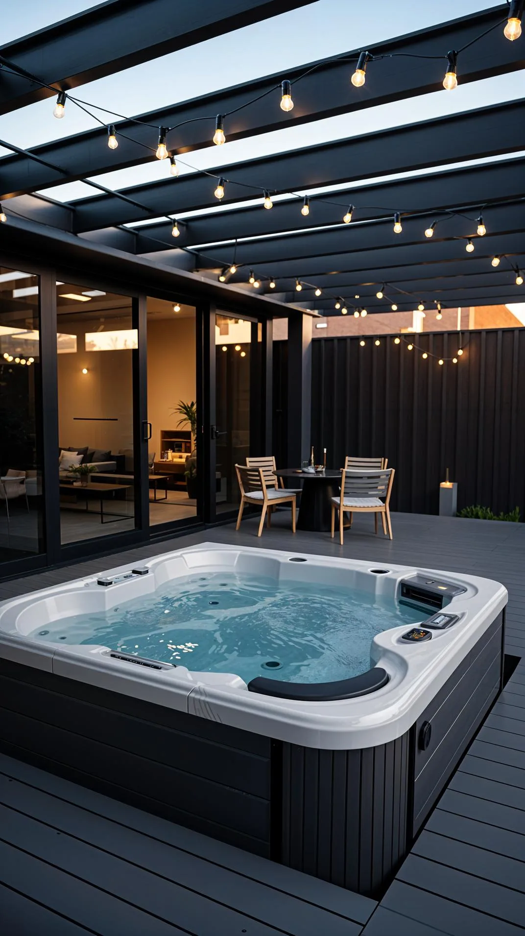 31 Best Hot Tub Ideas for the Ultimate Backyard Escape 28 5. Modern pergola-covered hot tub with string lights-2
