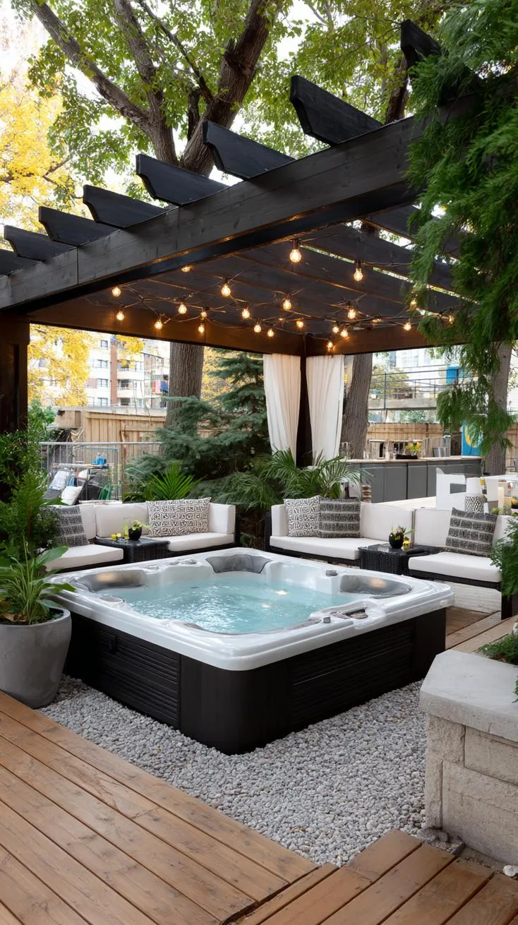 31 Best Hot Tub Ideas for the Ultimate Backyard Escape 31 5. Modern pergola-covered hot tub with string lights-3