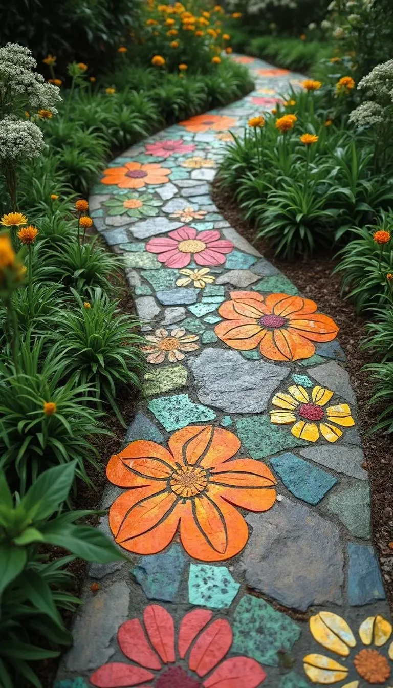 7. Mosaic stone path with bright colorful flower shapes-0
