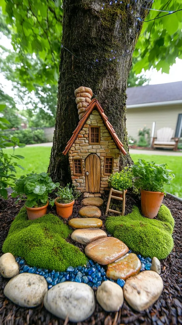 3. Mossy fairy village nestled under large backyard tree-3
