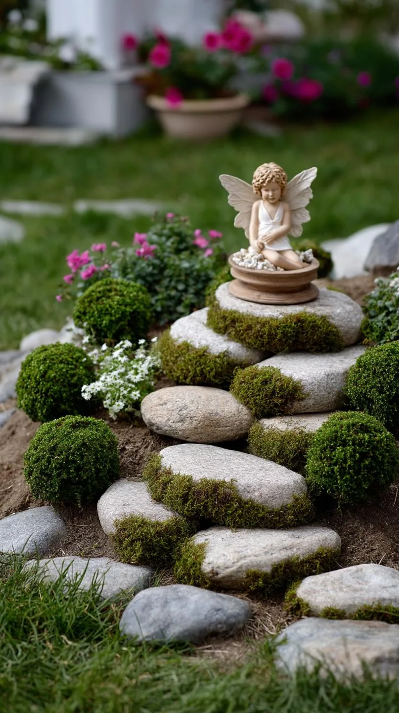 19. Mossy path spiral fairy garden with central statue-0