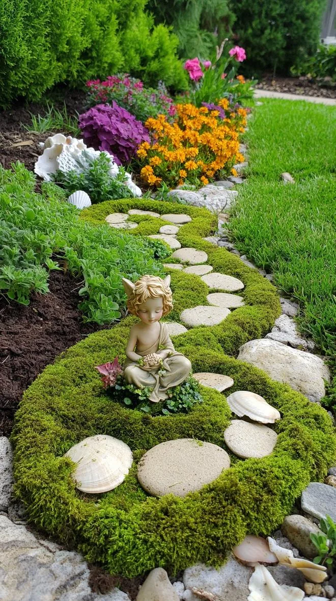 19. Mossy path spiral fairy garden with central statue-2