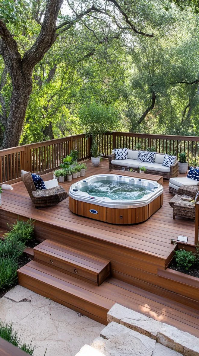 31 Best Hot Tub Ideas for the Ultimate Backyard Escape 46 8. Multi-level deck with sunken hot tub-1