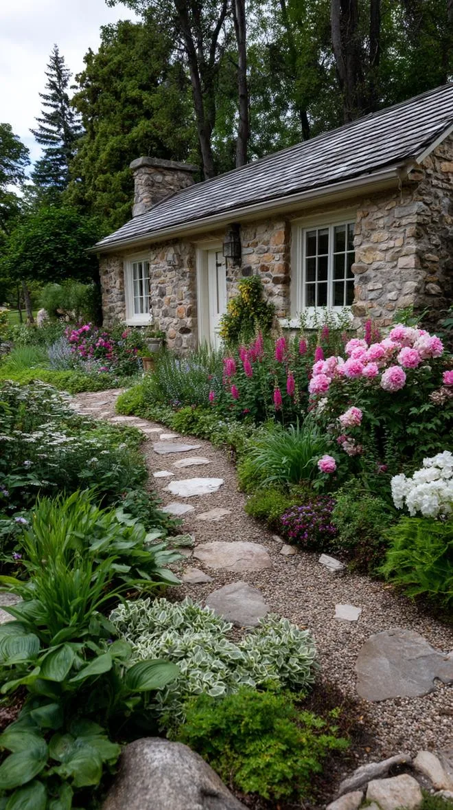 35 Dreamy Cottage Garden Ideas for Timeless Charm 50 20. Narrow side garden with layered floral textures-2