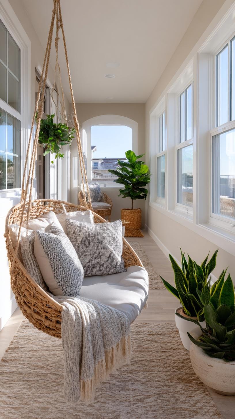 16. Narrow sunroom with modern swing and minimal decor-0