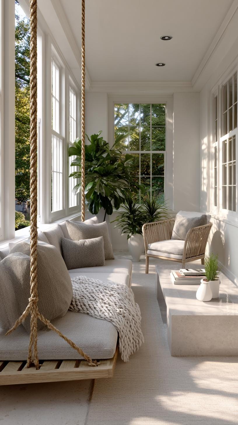 16. Narrow sunroom with modern swing and minimal decor-1