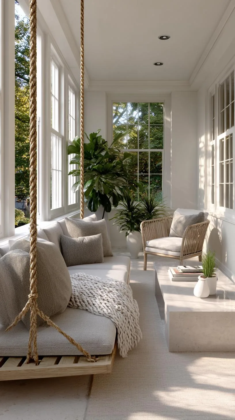 16. Narrow sunroom with modern swing and minimal decor-1