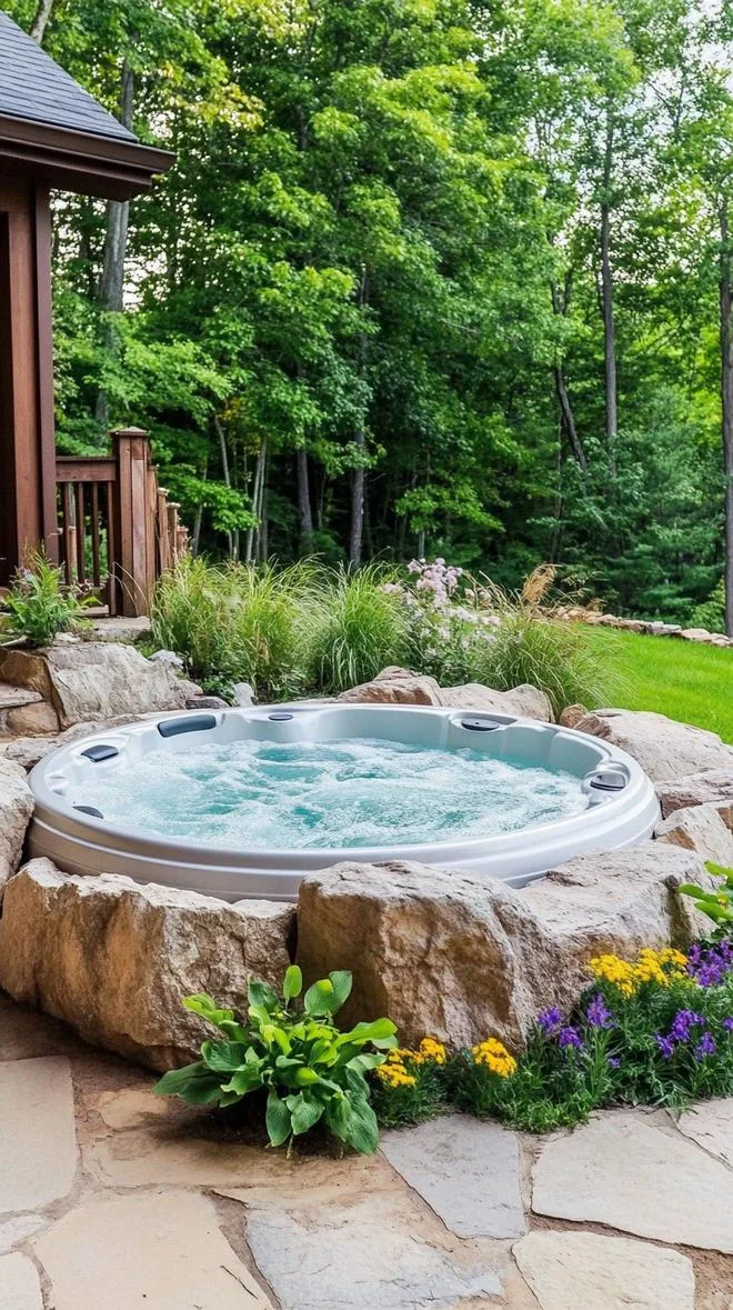 31 Best Hot Tub Ideas for the Ultimate Backyard Escape 35 6. Natural stone landscaping around a hot tub-1
