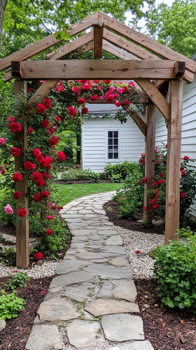 27 Charming Farmhouse Landscaping Ideas for a Beautiful Rustic Yard 42 14. Natural wood arbor covered in climbing roses-0