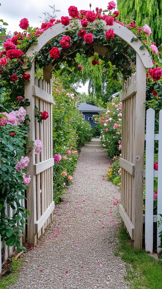 27 Charming Farmhouse Landscaping Ideas for a Beautiful Rustic Yard 43 14. Natural wood arbor covered in climbing roses-1