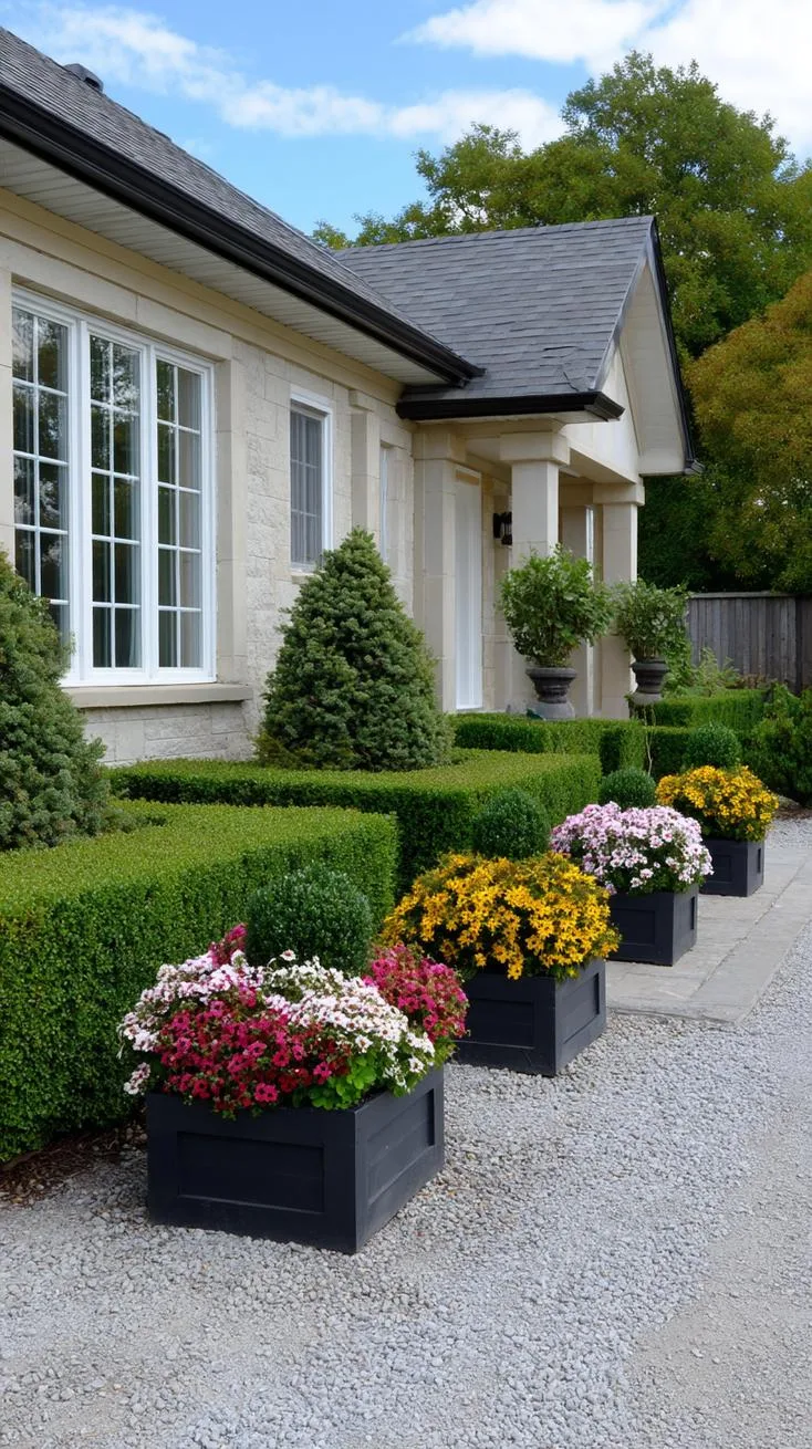 27 Charming Farmhouse Landscaping Ideas for a Beautiful Rustic Yard 65 24. Neatly trimmed farmhouse hedges with low box planters-0