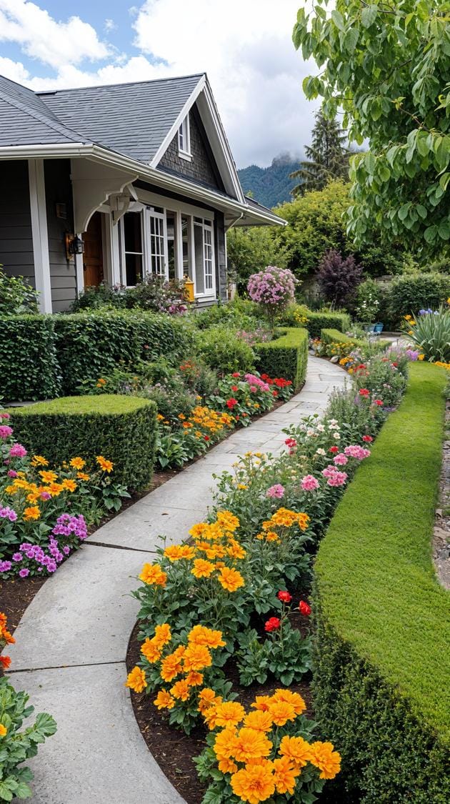 27 Charming Farmhouse Landscaping Ideas for a Beautiful Rustic Yard 67 24. Neatly trimmed farmhouse hedges with low box planters-1