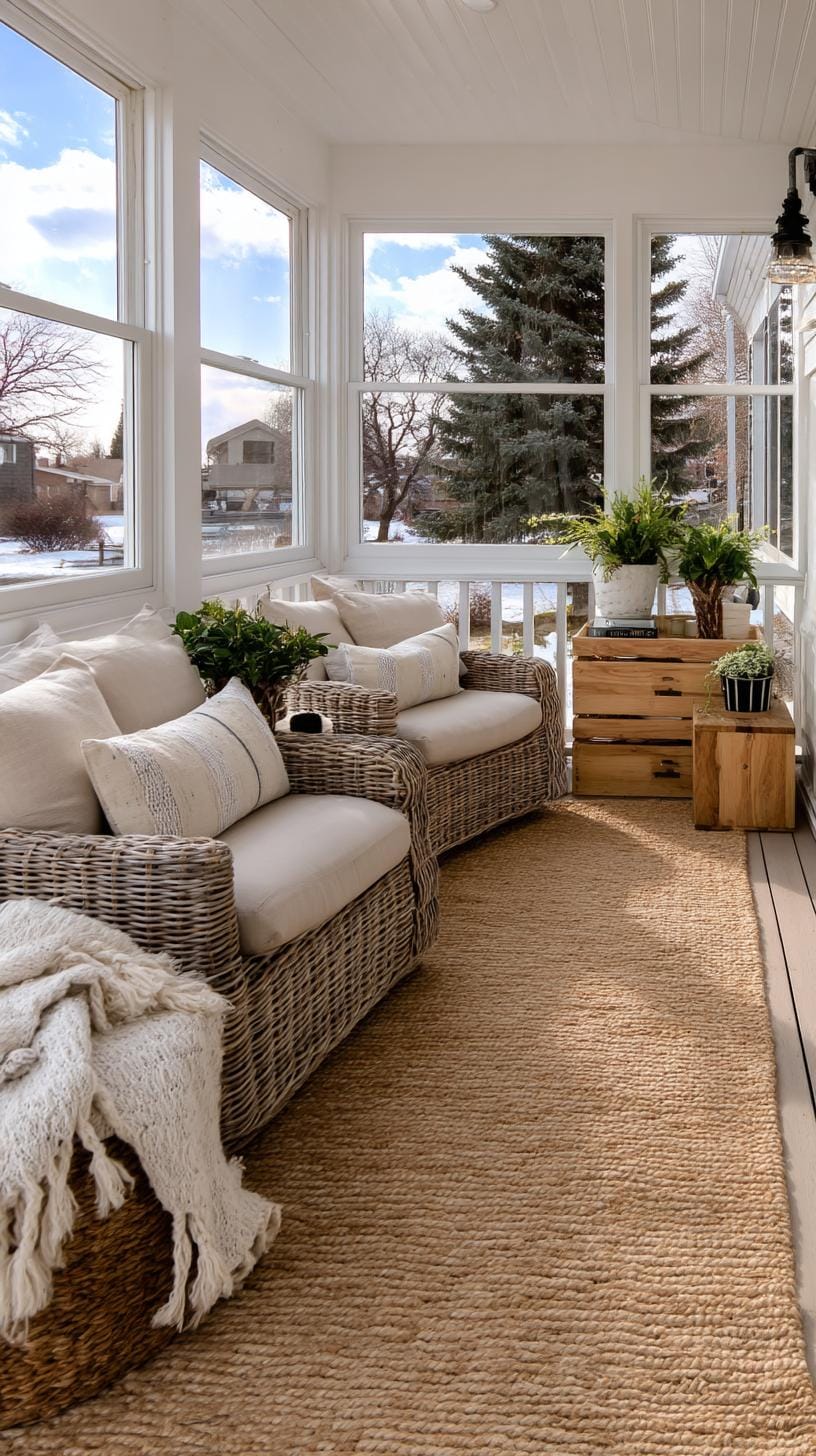 8. Neutral-toned farmhouse porch with wicker seating-0